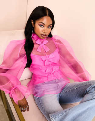 トップス Sheer switching bow tie blouse/ FIKA. 204732699-1-hotpink