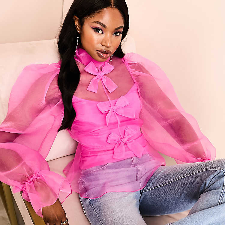 ASOS LUXE sheer pussybow top with puff sleeves in hot pink | ASOS