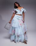 [ASOS LUXE] ASOS LUXE shirred chiffon maxi skirt in blue floral (part of a set) 10 BLUE