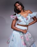 [ASOS LUXE] ASOS LUXE shirred cupped cropped top with ruffle detail in blue floral print (part of a set) 6 BLUE