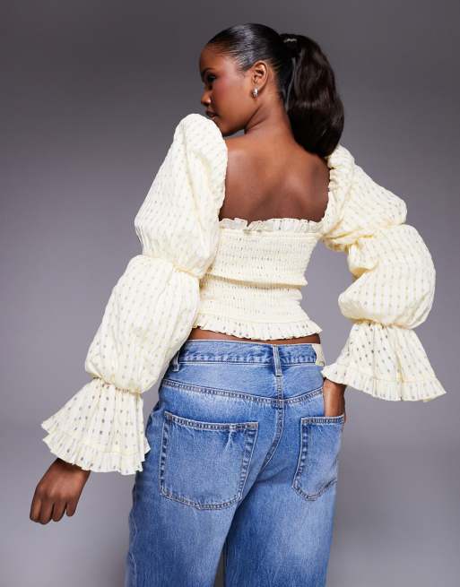 ASOS LUXE shirred textured gingham puff sleeve top in buttermilk