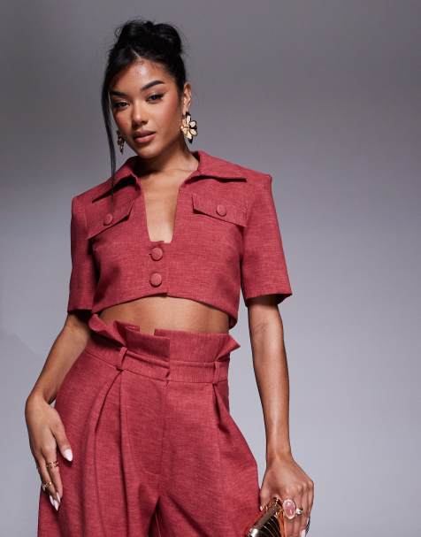ASOS LUXE short sleeve cropped shirt in raspberry - part of a set - view 1