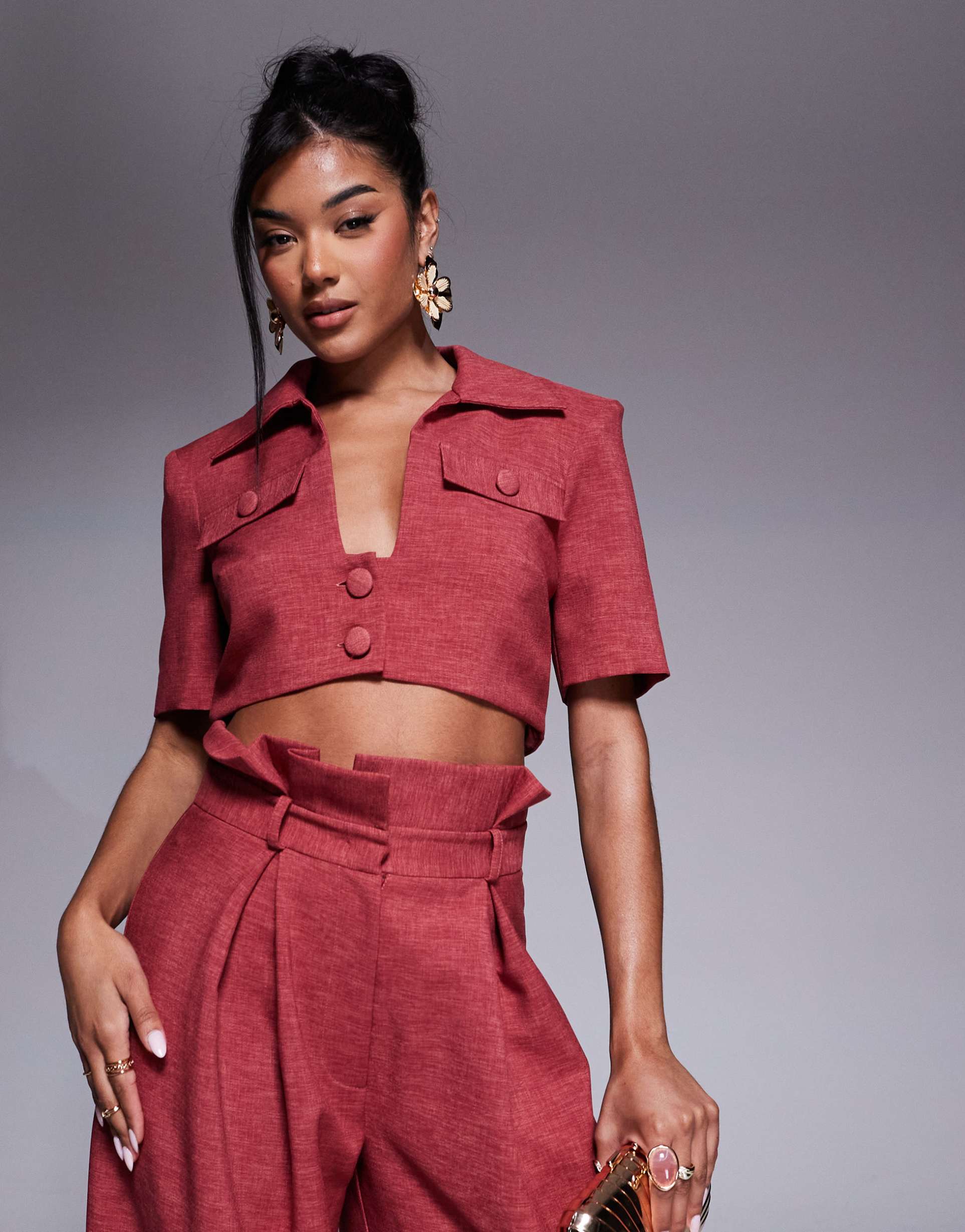 asos luxe short sleeve cropped shirt in raspberry - part of a set