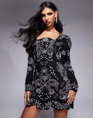 ASOS LUXE ASOS LUXE Silver embellished mini dress in black