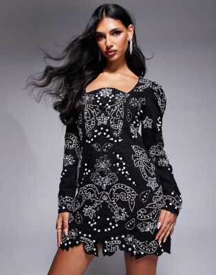 silver embellished mini dress in black