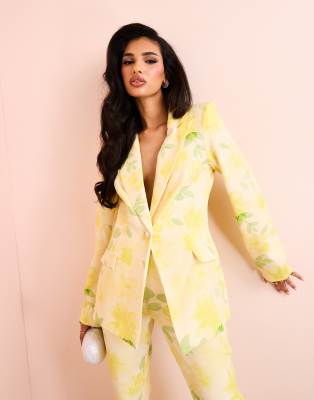 single breasted tailored suit blazer in floral print - part of a set-Yellow