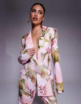 single breasted tailored suit blazer in pink floral print - part of a set