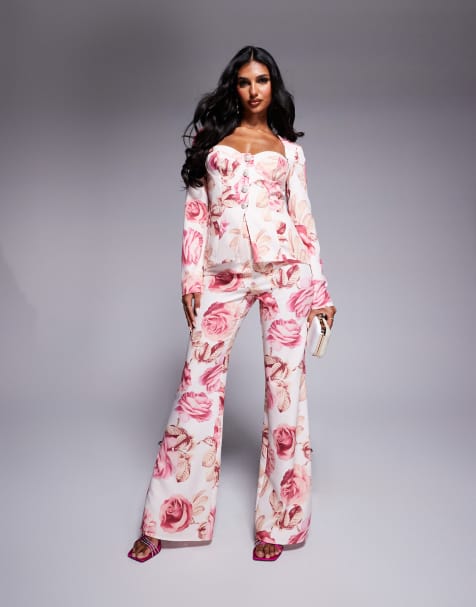 ASOS LUXE slim fit tailored pants with embellished button detail in rose print (part of a set) - view 1