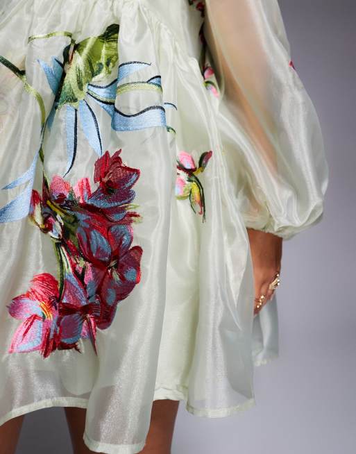 ASOS Luxe - Smock-kjole i grøn organza i minilængde med blomsterbroderi, 4 af 4
