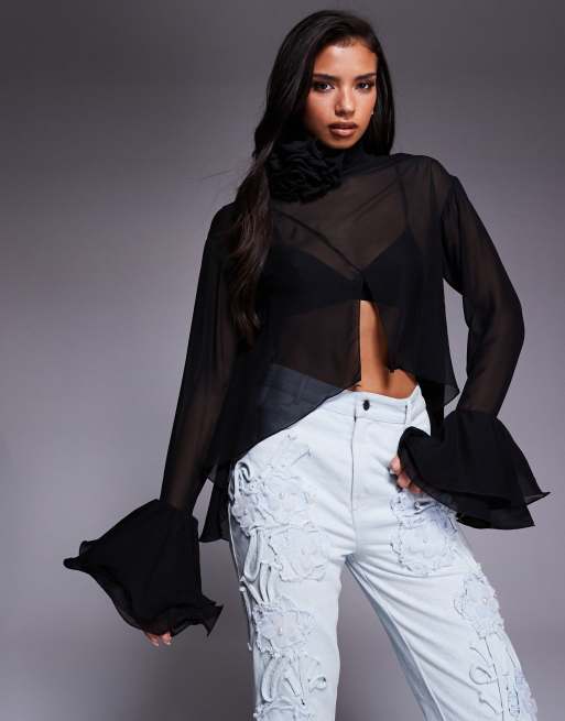 ASOS LUXE - Sort gennemsigtig top med høj hals og corsage-detalje