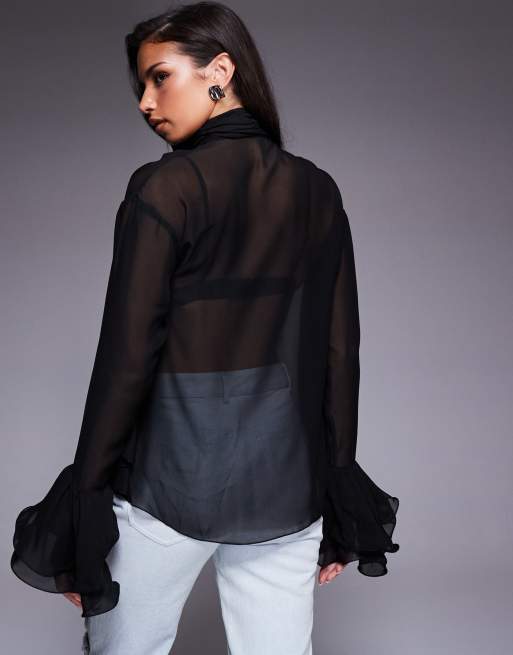 ASOS LUXE - Sort gennemsigtig top med høj hals og corsage-detalje, 2 af 4