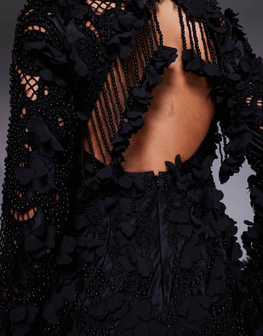 ASOS LUXE - Sort minikjole med 3D-blomsterdetaljer og udsmykning i imiterede fjer, 3 af 4