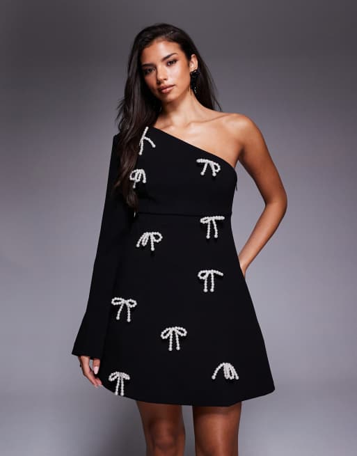 ASOS LUXE - Sort minikjole med enkelt skulder og sløjfer med perledetaljer, 2 af 4