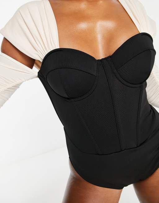 ASOS LUXE - Sort og cremefarvet tætsiddende korset-badedragt med lange ærmer , 3 af 4