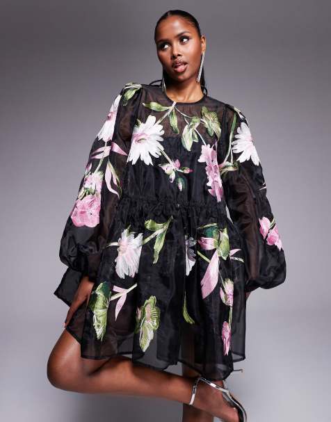 ASOS LUXE - Sort og oversized smock-minikjole med blomsterbroderi i organza - view 1