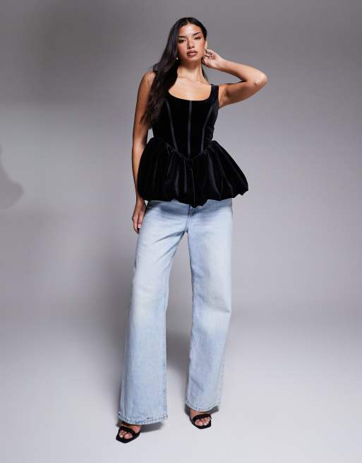 ASOS LUXE - Sort peplum-top med boblekant og korset-detalje i velour, 4 af 4