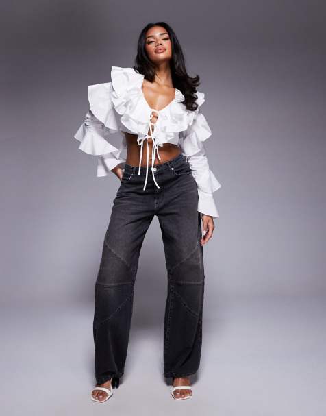 ASOS LUXE - Sorte jeans med tøndeformede ben og justerbare buksekanter - view 1