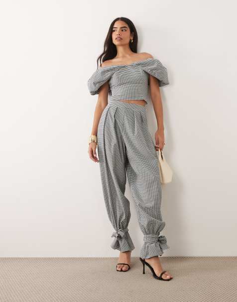 ASOS Luxe – Spodnie z balonowymi nogawkami i wiązanymi ściągaczami w kratkę vichy, część zestawu - view 1