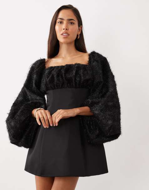 ASOS LUXE square neck textured mini dress with extreme sleeves in black - view 1