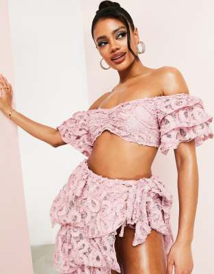 ASOS LUXE - Strand-Bustier in Rosa mit 3D-Blumenmuster und gestuftem Ärmel, Kombiteil