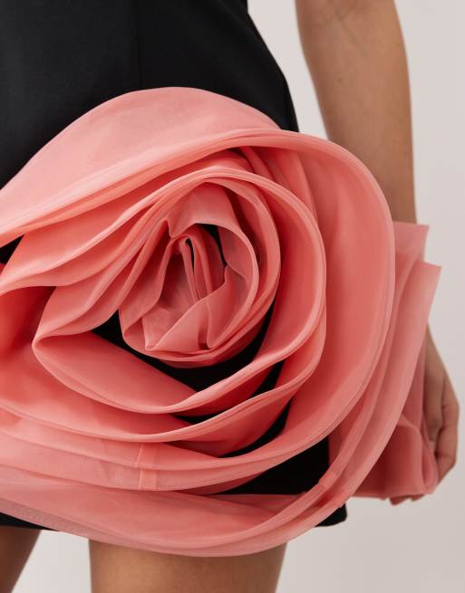 ASOS LUXE strapless mini dress with corsage detail in black and pink, 3 of 4