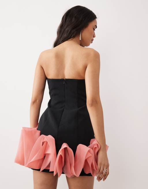 ASOS LUXE strapless mini dress with corsage detail in black and pink | ASOS