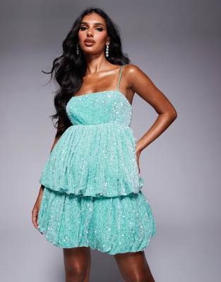 strappy cami bubble mini skater dress in green sequin