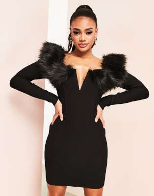 ASOS LUXE - Strick-Minikleid in Schwarz mit tiefem Ausschnitt und Kunstpelzbesatz