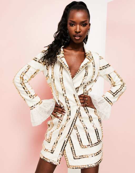 White and 2025 gold embellished dress