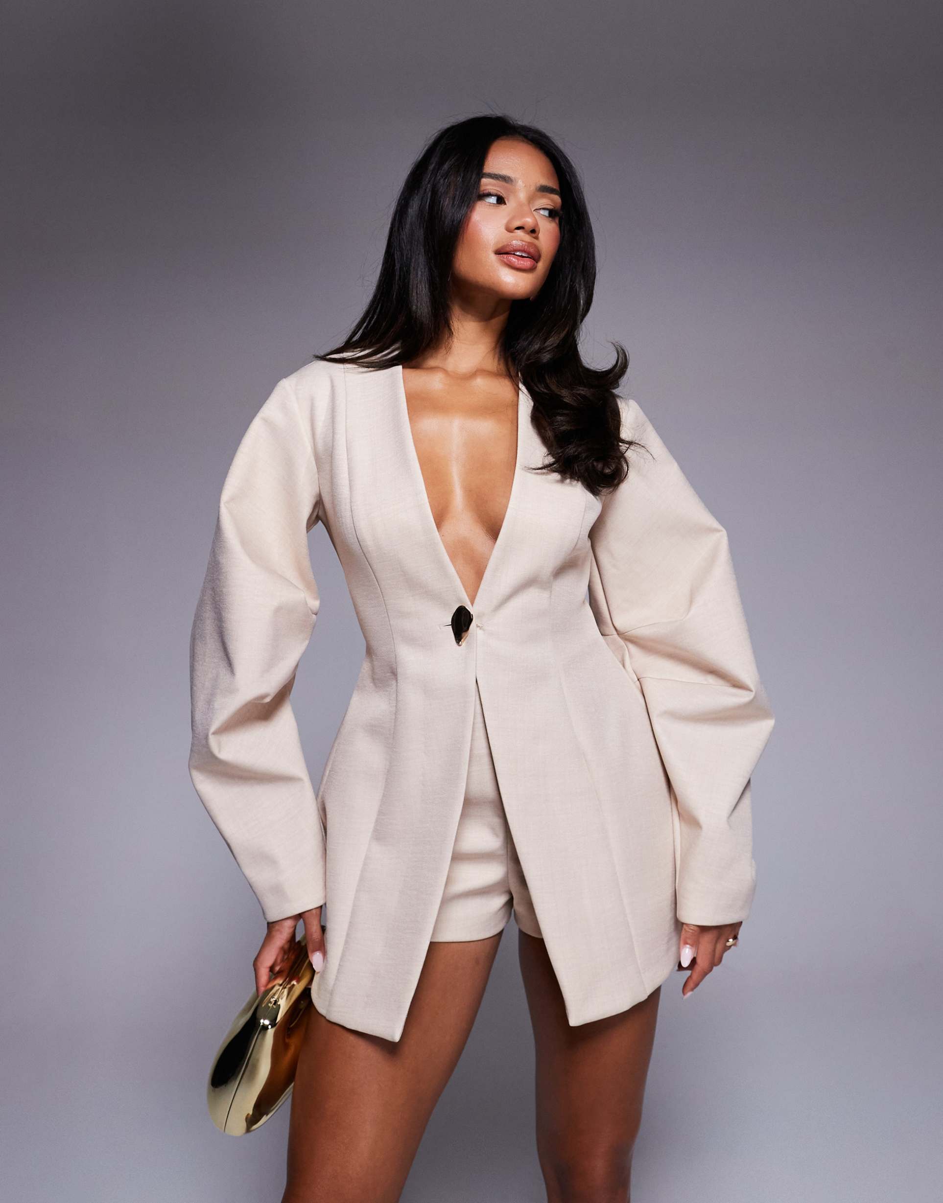 asos luxe structured avoid sleeve blazer with gold hardware in stone - part of a set