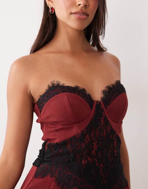 ASOS LUXE structured bandeau lace tie detail mini dress in burgundy, 3 of 4
