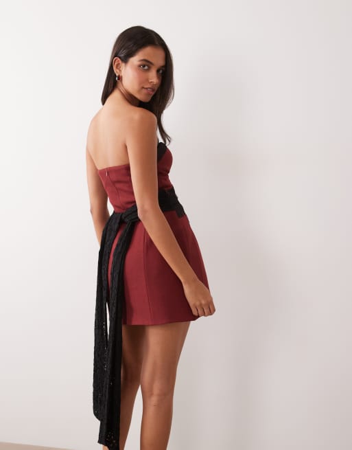 ASOS LUXE structured bandeau lace tie detail mini dress in burgundy, 4 of 4