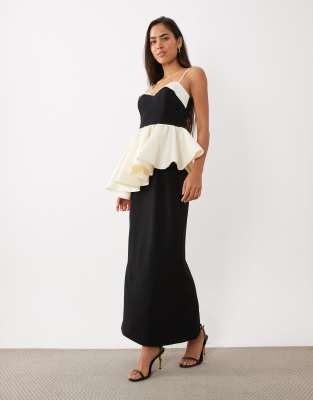 Asos Luxe Structured Contrast Maxi Dress With Peplum Detail In Black