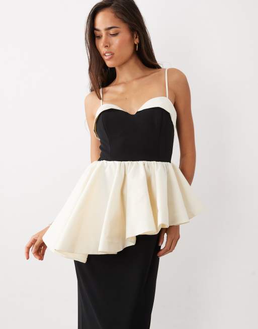 ASOS LUXE structured contrast maxi dress with peplum detail in mono, 2 of 4