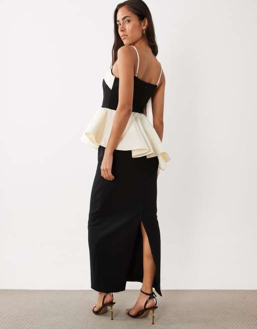 ASOS LUXE structured contrast maxi dress with peplum detail in mono, 3 of 4