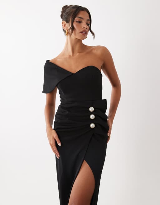 asos black pearl dress LUXE structured drape midi with detail in perfect for any special RS-09.17.24 runaway the label black Size:US 10/UK 12/Europe 40