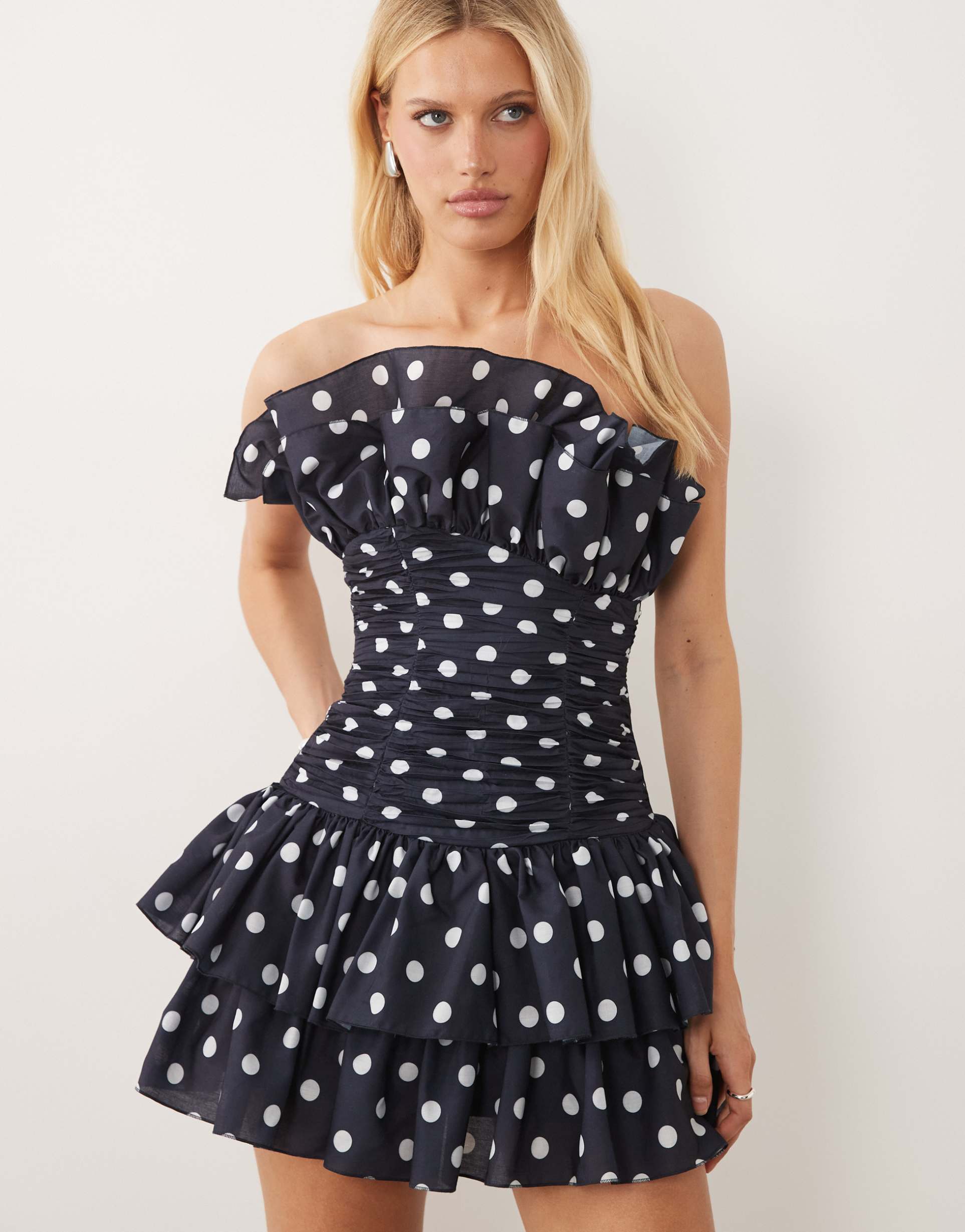 asos luxe structured frill mini dress with ruched bodice in navy polka dot print