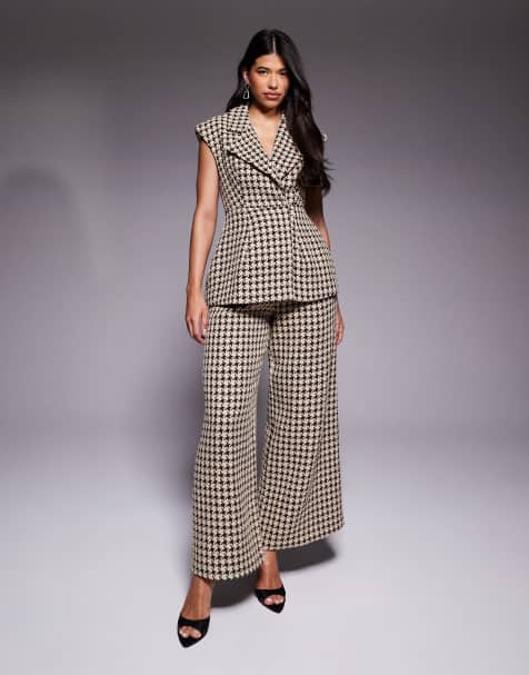 ASOS LUXE structured houndstooth vest and pants set in chocolate - view 1
