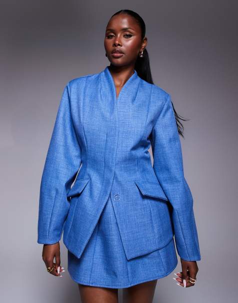 ASOS LUXE structured linen look sculpted tailored blazer in chambray blue - part of a set - view 1