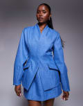 [ASOS LUXE] ASOS LUXE structured linen sculpted tailored blazer in chambray blue (Part of a set) 14 BLUE