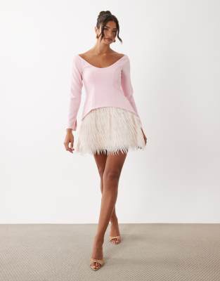 Asos Luxe Structured Long Sleeve Mini Dress With Fringe Skirt In Pink