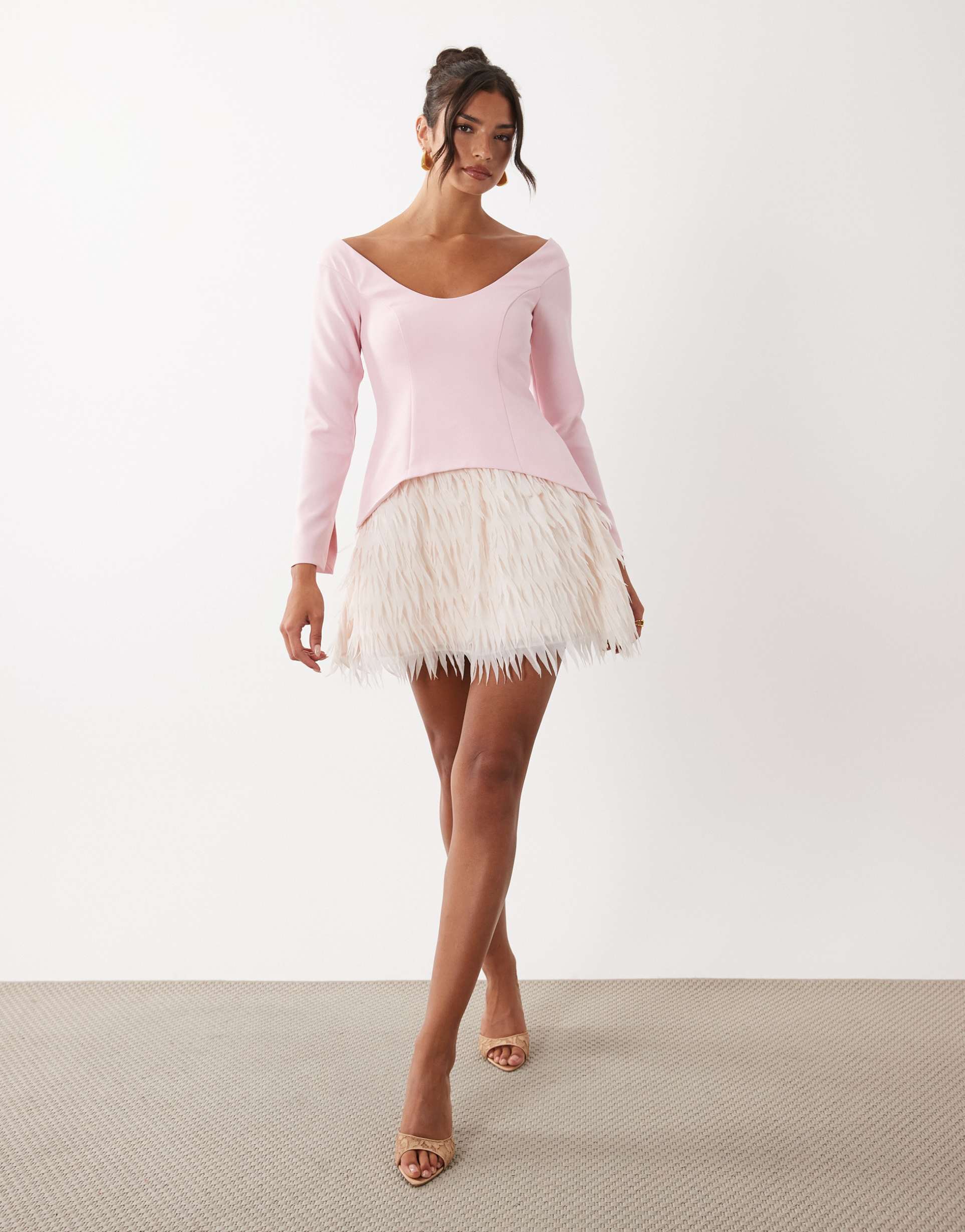 asos luxe structured long sleeve mini dress with fringe skirt in pink
