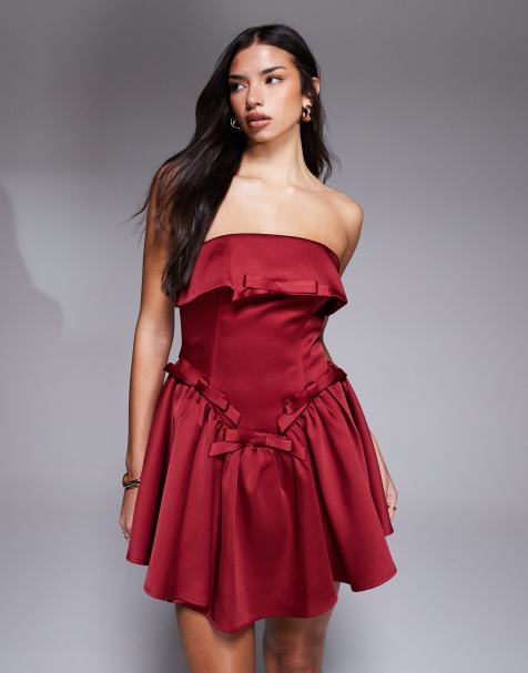 ASOS LUXE structured satin bandeau mini dress with bow detail in dark red - view 1