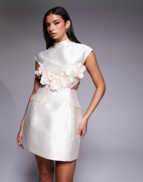 ASOS LUXE structured satin corsage sculpted mini dress in cream - view 1