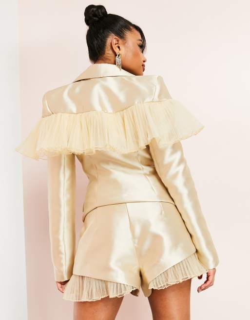 ASOS LUXE suit shorts with tulle detail in oyster, 2 of 4