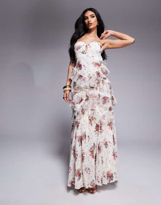 ASOS Luxe – Sukienka maxi w kwiatowy wzór z falbankami z ozdobnym wykończeniem