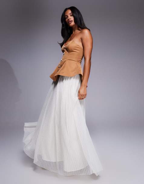 ASOS LUXE sculpted bandeau maxi dress with pleated dobby mesh skirt in camel