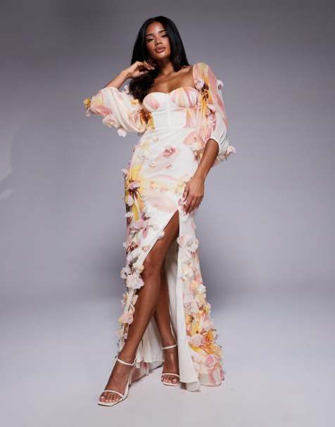ASOS Luxe – Sukienka maxi z dekoltem bandeau i zdobieniem kwiatami 3D - view 1