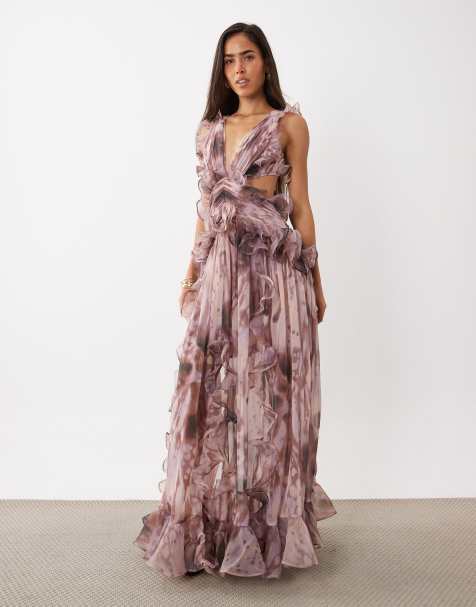 ASOS LUXE sukienka maxi z głębokim dekoltem, marszczonym detalem z szyfonu i odkrytymi plecami we wzór abstrakcyjny - view 1