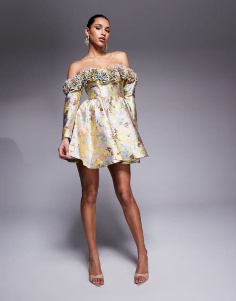 ASOS LUXE jacquard off shoulder 3D floral skater mini dress in gold and pastel floral